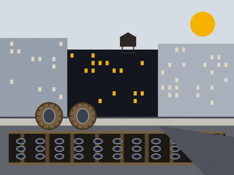 Illustration: trench conduit work for a transmission cable project on a New York City street, duct banks and cable reels at the curb, rendered in flat inks