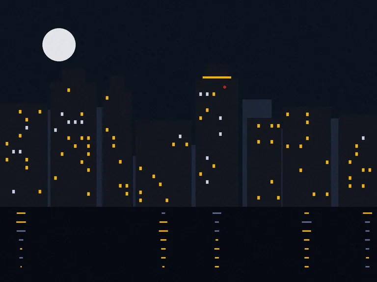 Illustration: the Manhattan skyline at night from across the river, towers in near-silhouette with scattered amber lit windows